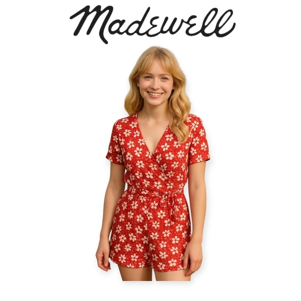 Madewell Red White Daisy Print Wrap Romper Boho Summer Pockets Size 2 Outfit